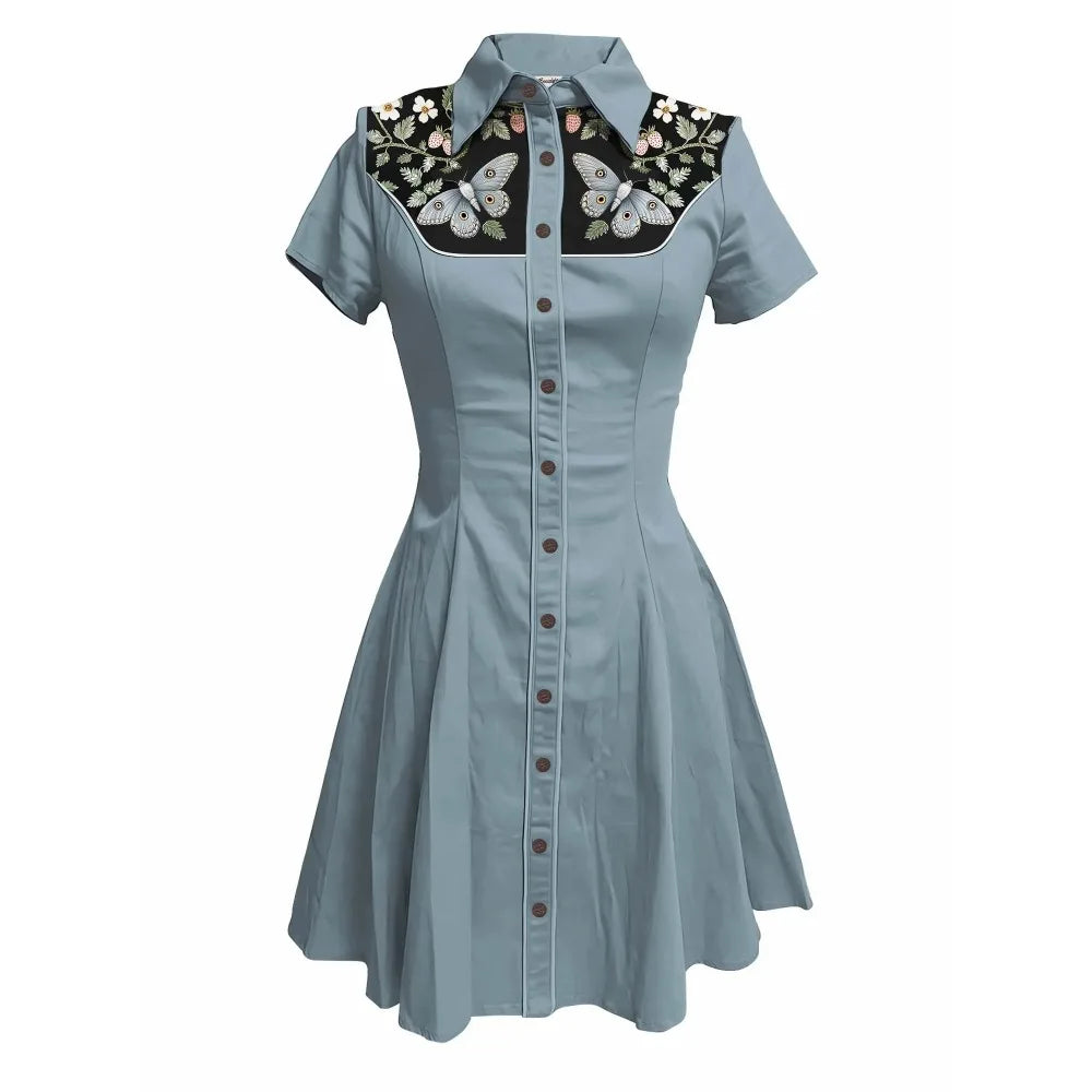 Short Sleeve Button-Front Shirt Dress with Moth Design
