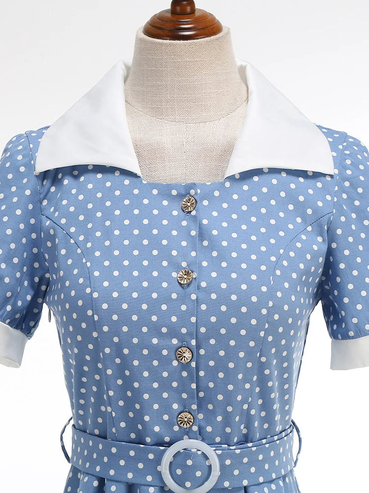 Polka Dot Collared Belted Midi Dress