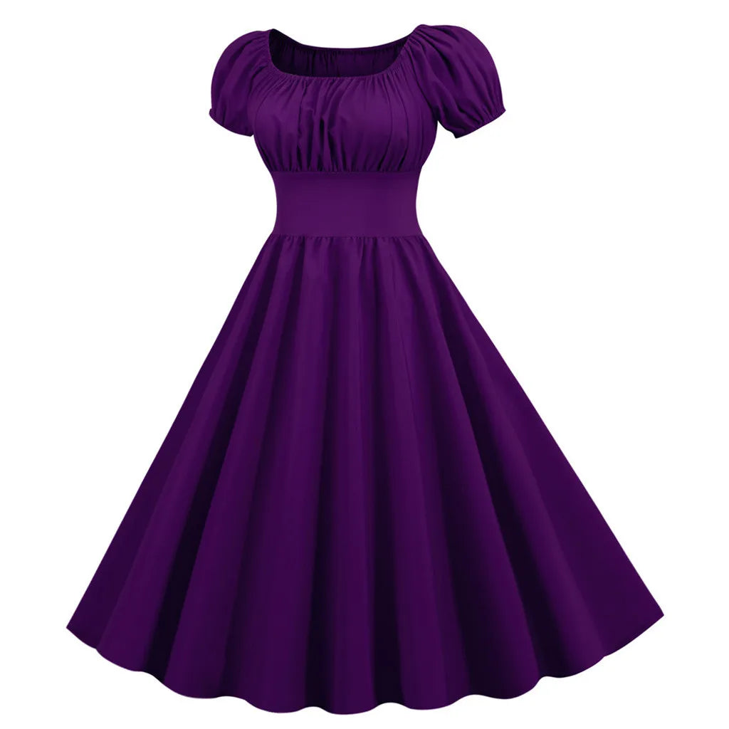Puff Sleeve Square Neck Fit and Flare Midi Dress