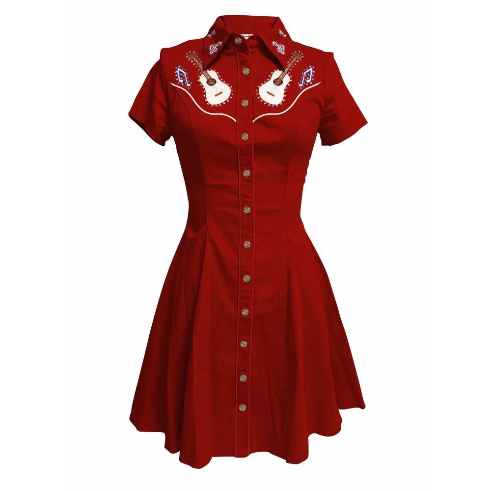 Short Sleeve Western-Style Button-Front Shirt Dress with Music Note Yoke Graphic