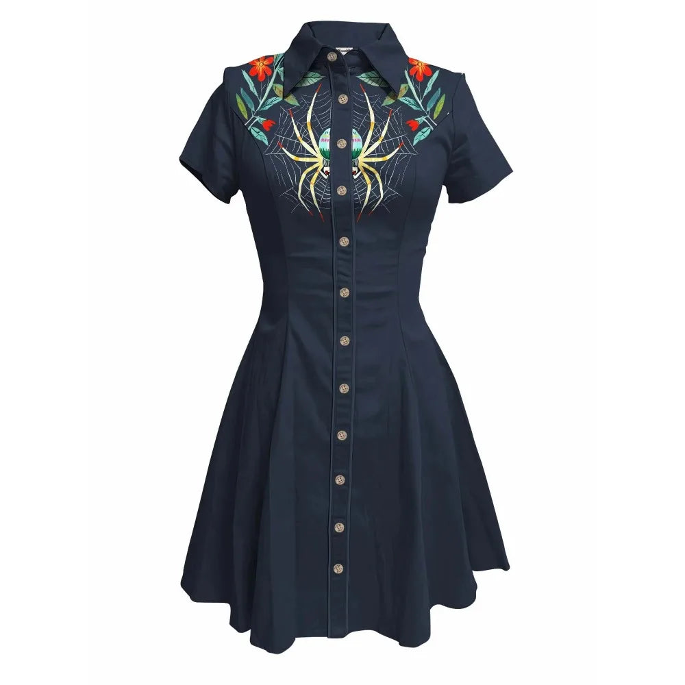 Short Sleeve Button-Front Shirt Dress with Spiderweb Yoke Graphic