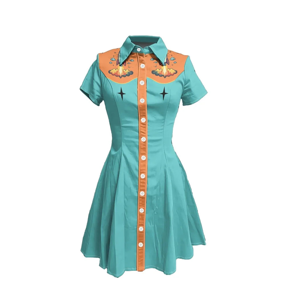 Short Sleeve Western-Style Button-Front Shirt Dress with Rocket Yoke Print