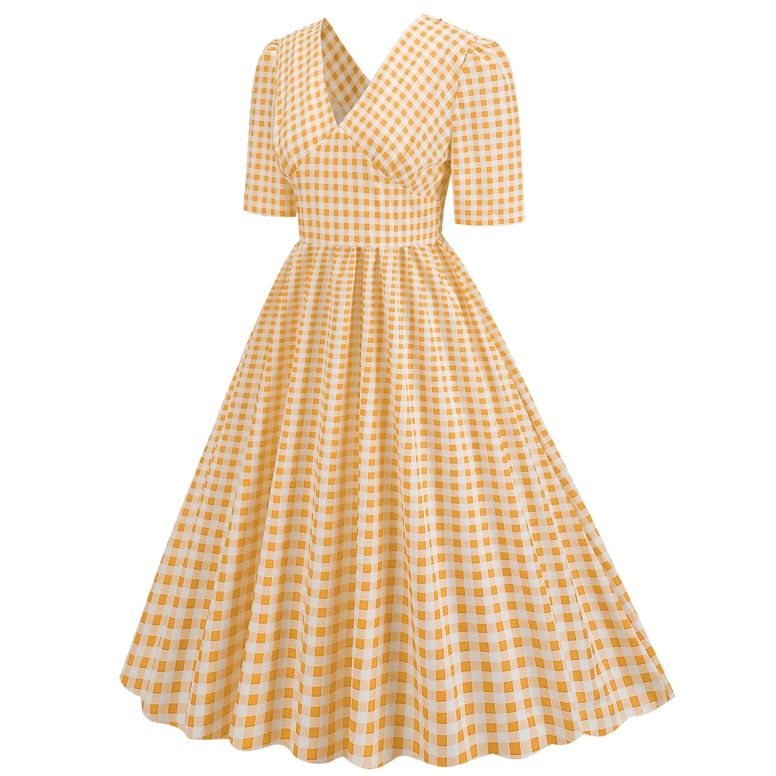 Gingham V-Neck Midi Dress with Fitted Bodice