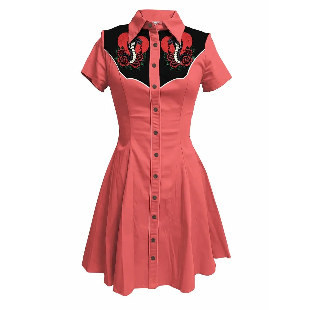 Short Sleeve Western-Inspired Button-Front Shirt Dress with Snake and Rose Yoke
