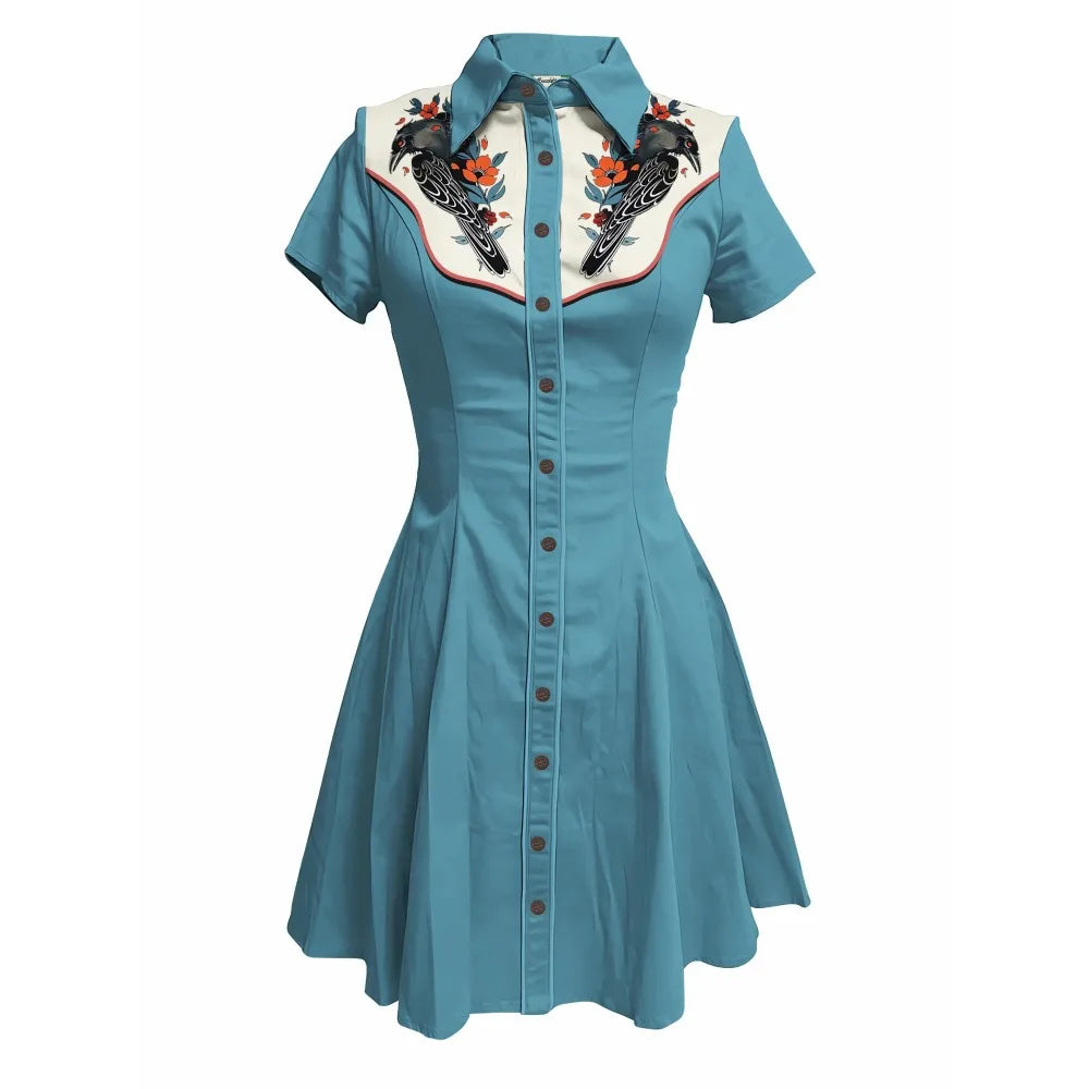 Short Sleeve Button-Front Shirt Dress with Bird Yoke Graphic