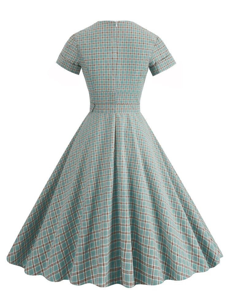Plaid Wrap Collar Belted Fit & Flare Dress