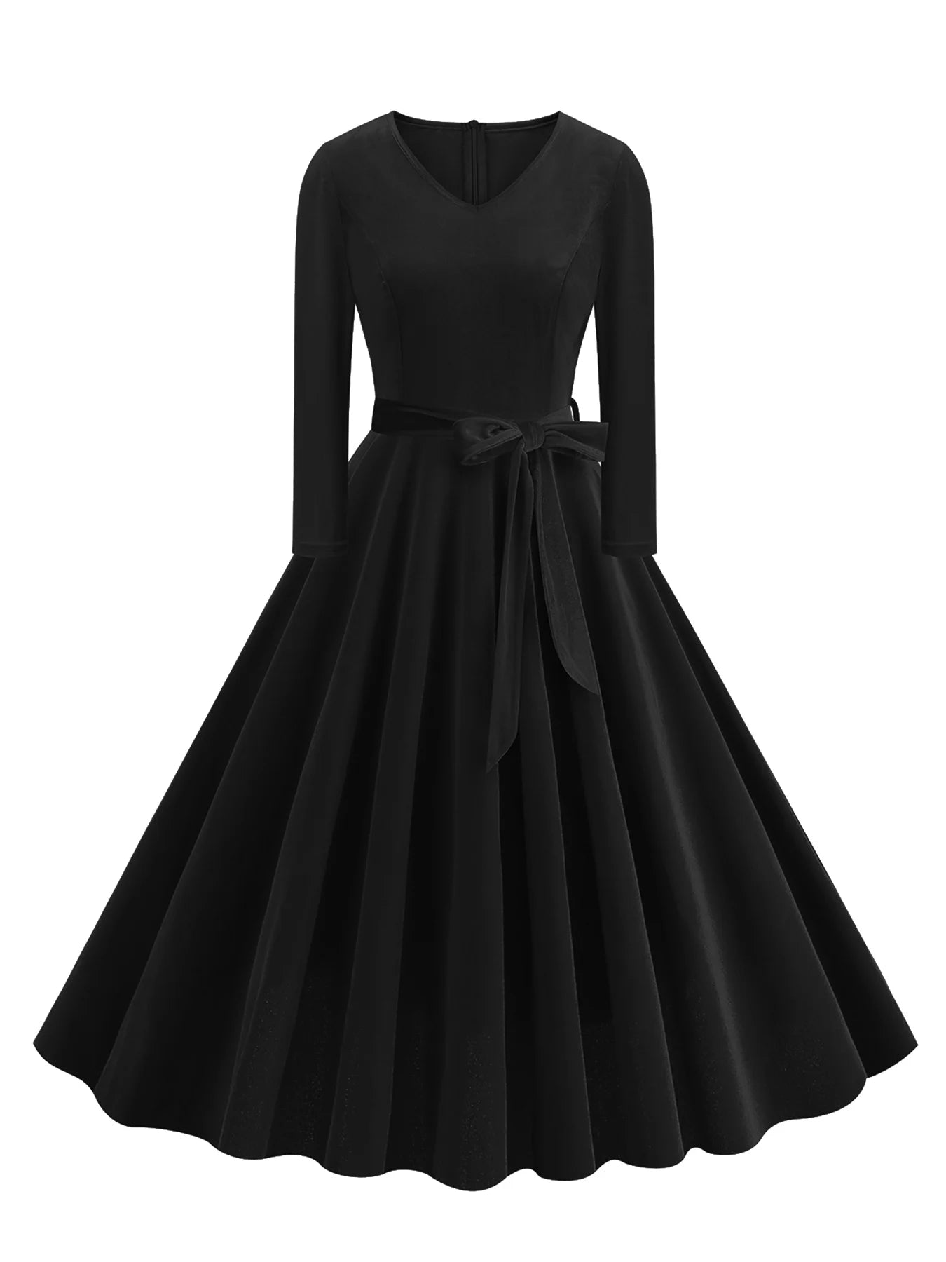 Long Sleeve V-Neck Belted Fit & Flare Dress