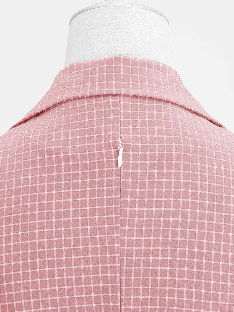 Grid Print Collared Midi Dress with Belt