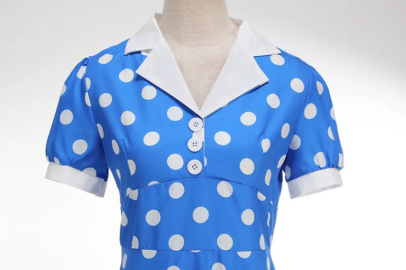 Vintage Polka Dot Pleated Summer Dress Women 1950s 60s Notched Collar Short Sleeve Belted Elegant Retro Clothing