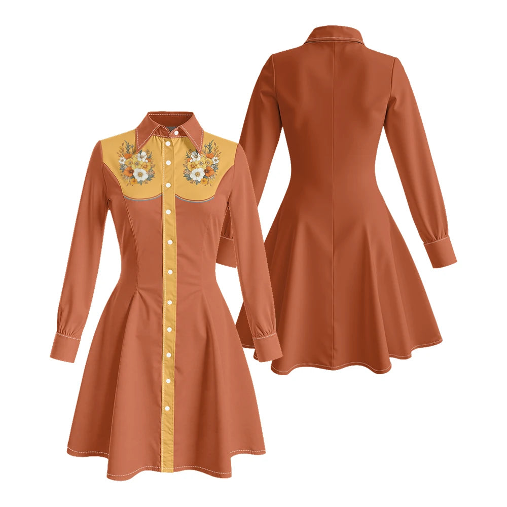 Long Sleeve Western-Inspired Shirt Dress with Embroidered Yoke