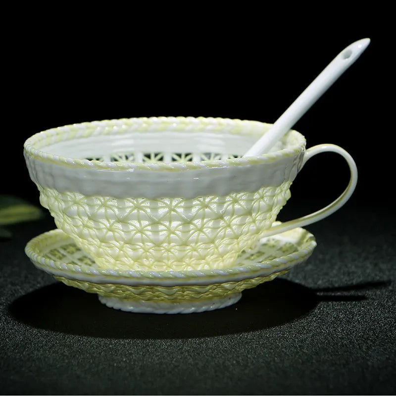Antique Style Woven-Relief Ceramic Coffee Cup & Saucer Set