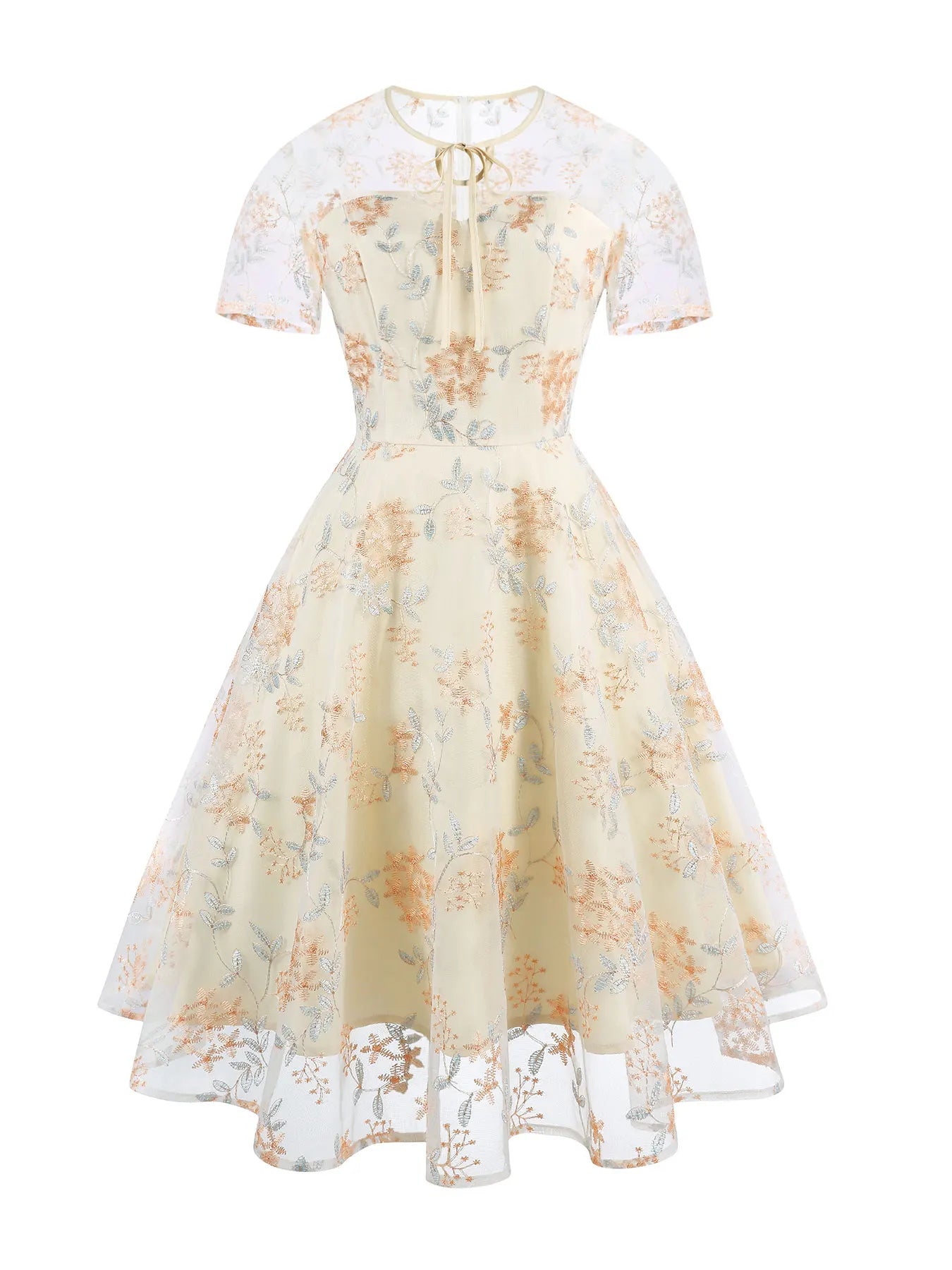 Embroidered Sheer Overlay Midi Dress with Tie Neck