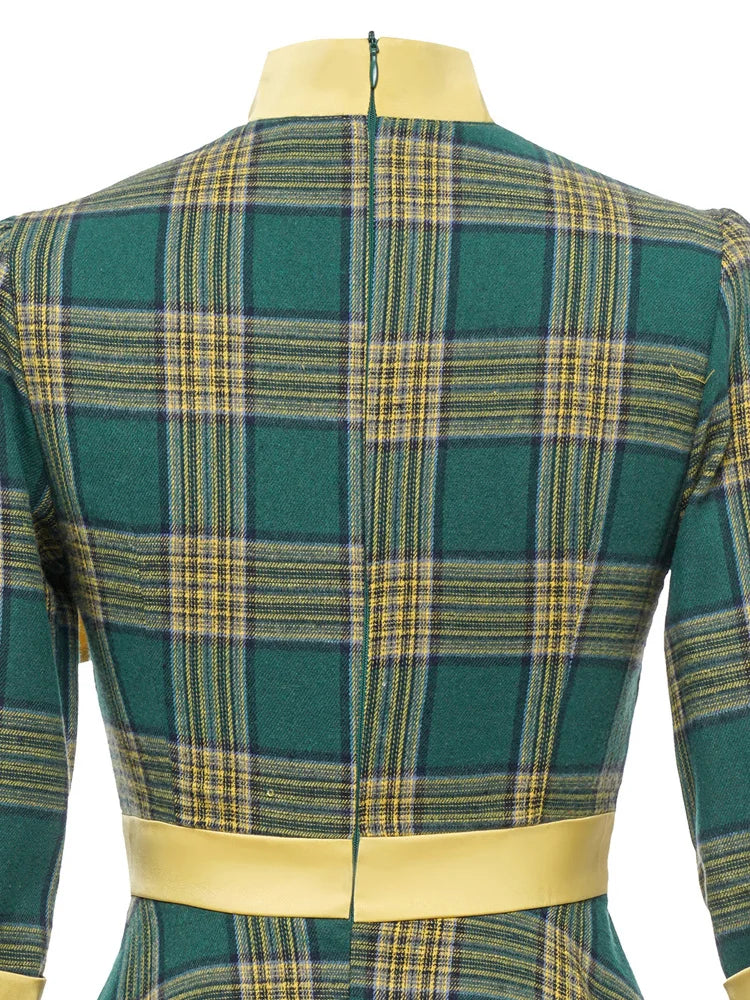 Plaid Neck Tie Contrast Trim Fit & Flare Dress
