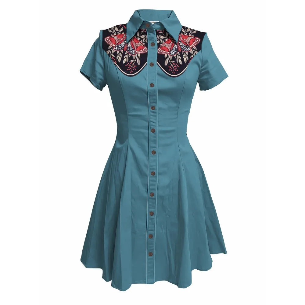 Short Sleeve Button-Front Shirt Dress with Moth Design