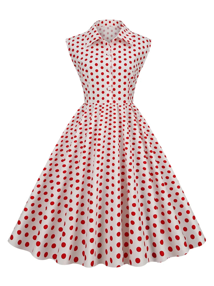 Sleeveless Polka Dot Button Front Midi Dress