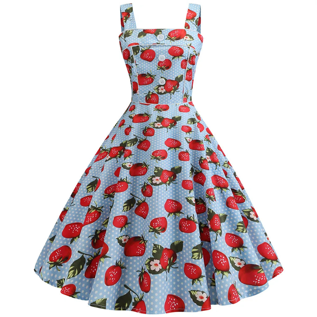 Square Neck Cherry Print Fit and Flare Dress