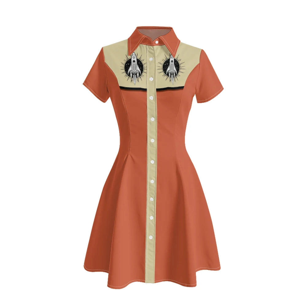 Short Sleeve Western-Style Button-Front Shirt Dress with Planet Yoke Print