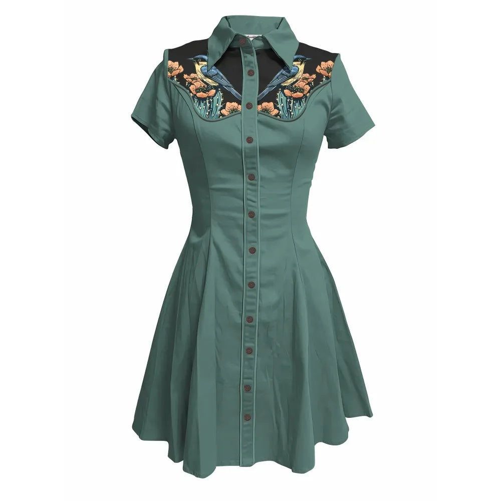 Short Sleeve Button-Front Shirt Dress with Bird Yoke Graphic