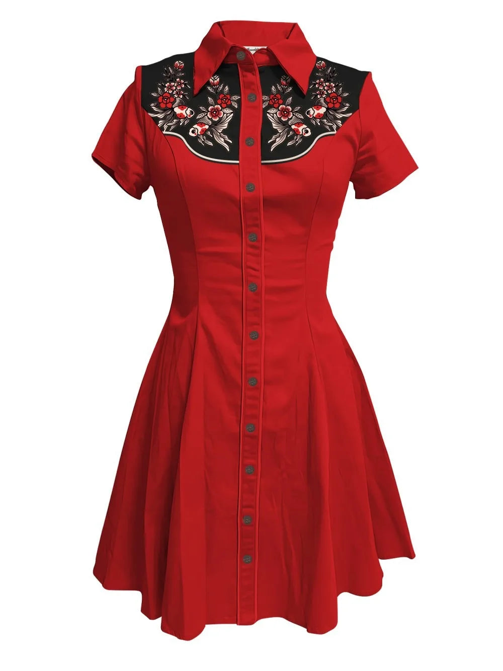 Short Sleeve Western-Inspired Button-Front Shirt Dress with Floral Yoke