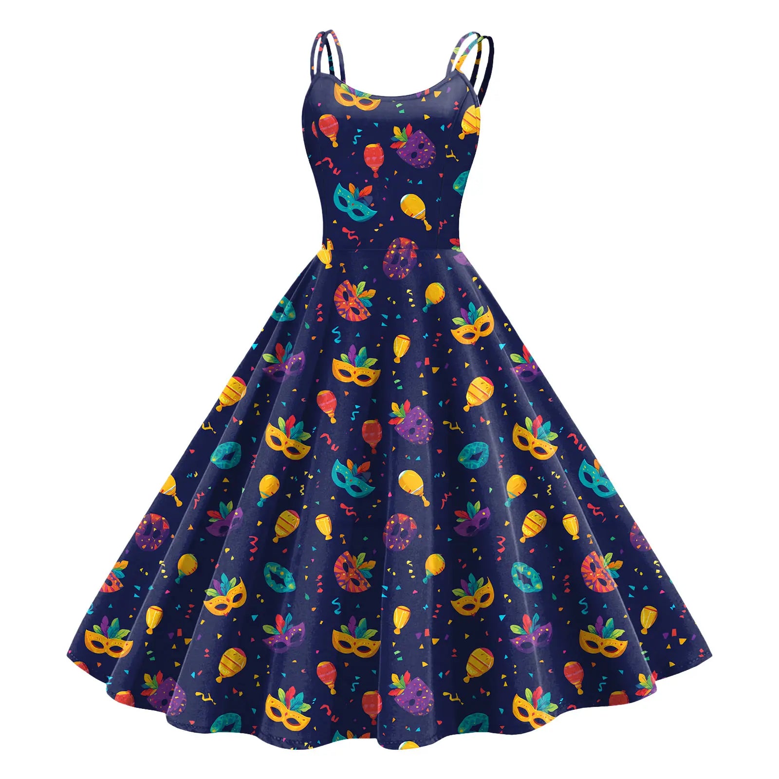 Sleeveless Mardi Gras Print Fit and Flare Dress
