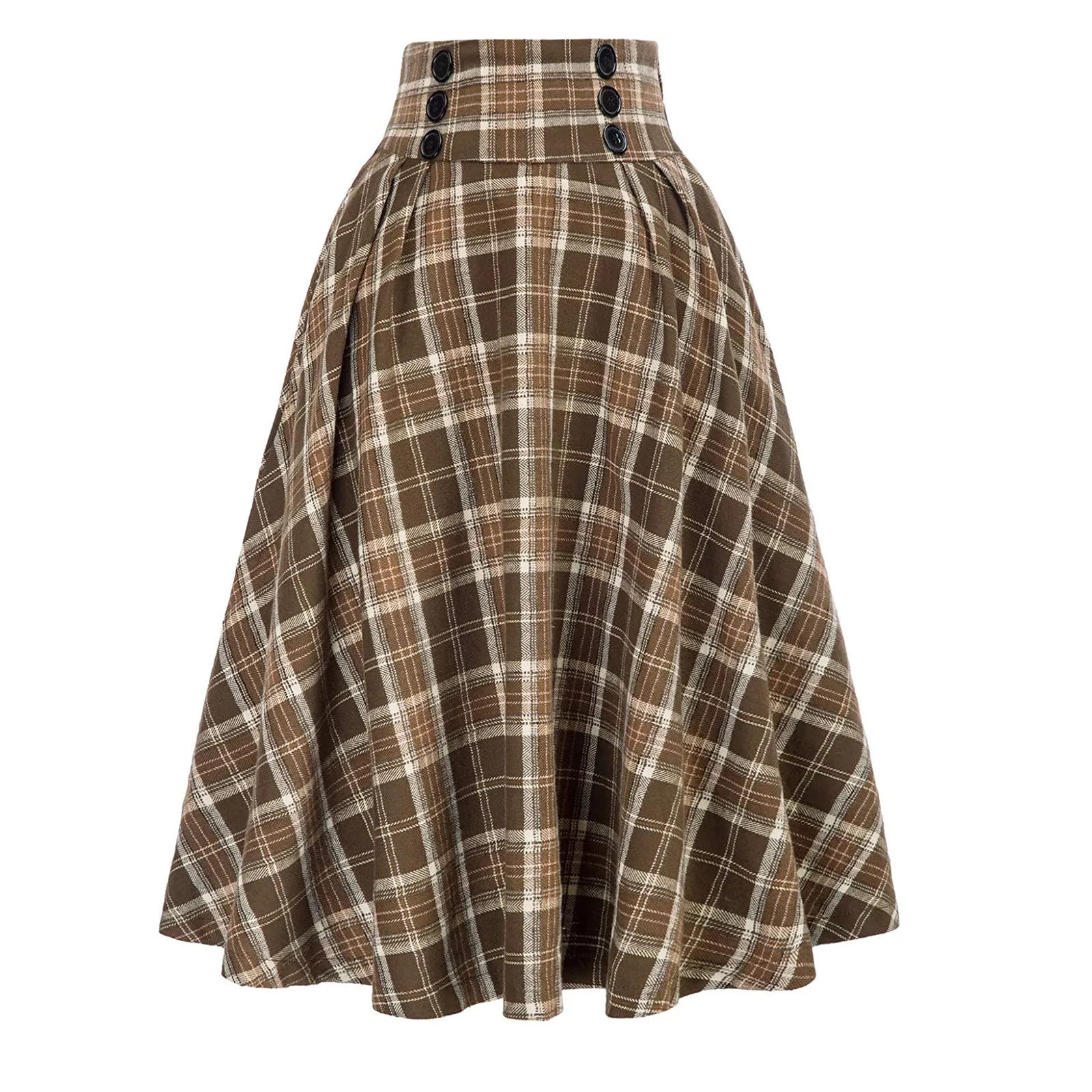 High Waist Plaid Button Detail A Line Midi Skirt