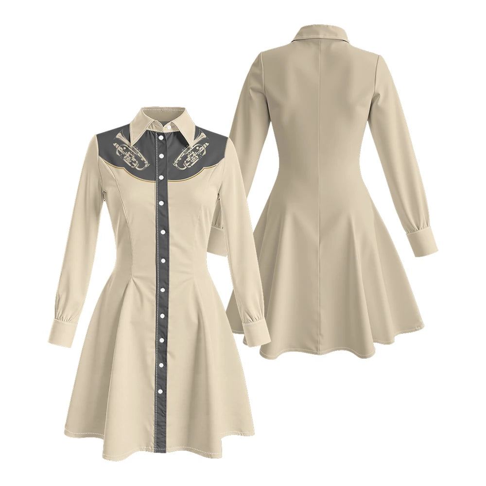 Long Sleeve Western-Style Button-Front Shirt Dress with Graphic Yoke