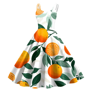 Sleeveless Fruit Print Fit and Flare Dress