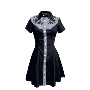 Short Sleeve Button-Front Shirt Dress with Floral Yoke and Contrast Placket