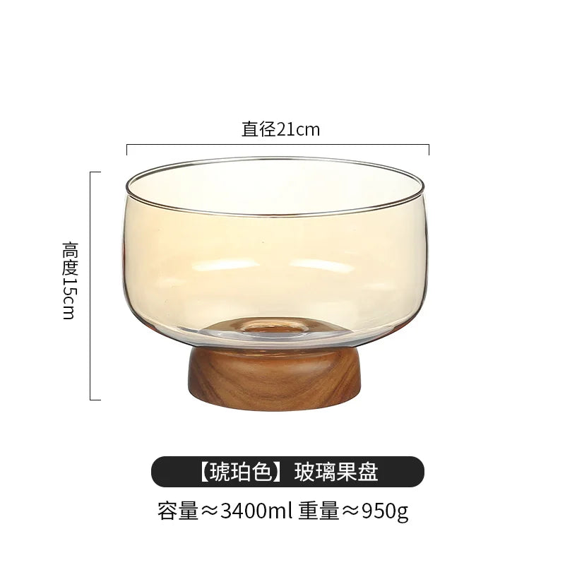 Mid-Century Modern Glass & Acacia Wood Pedestal Fruit Bowl