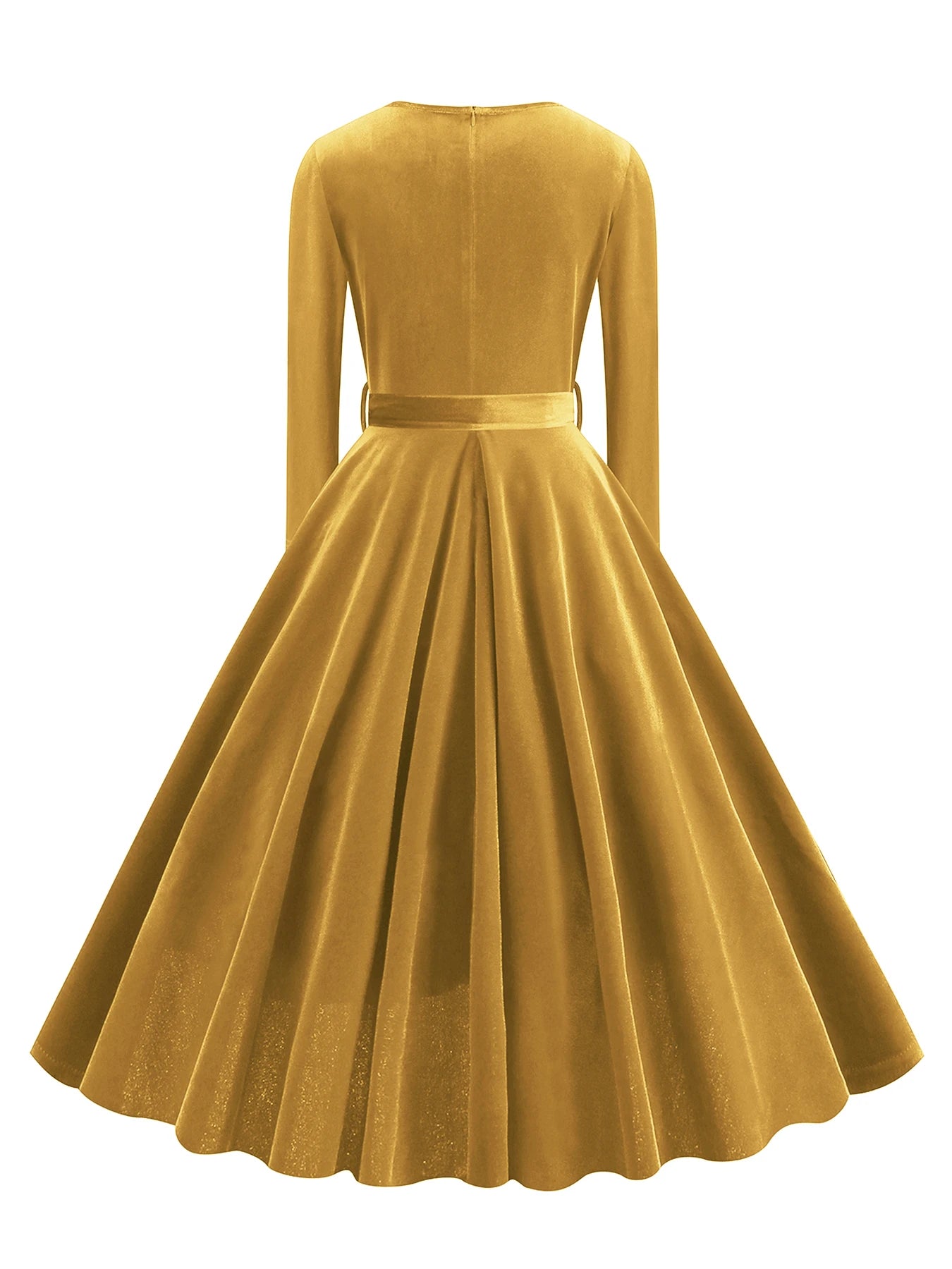 Long Sleeve V-Neck Belted Fit & Flare Dress