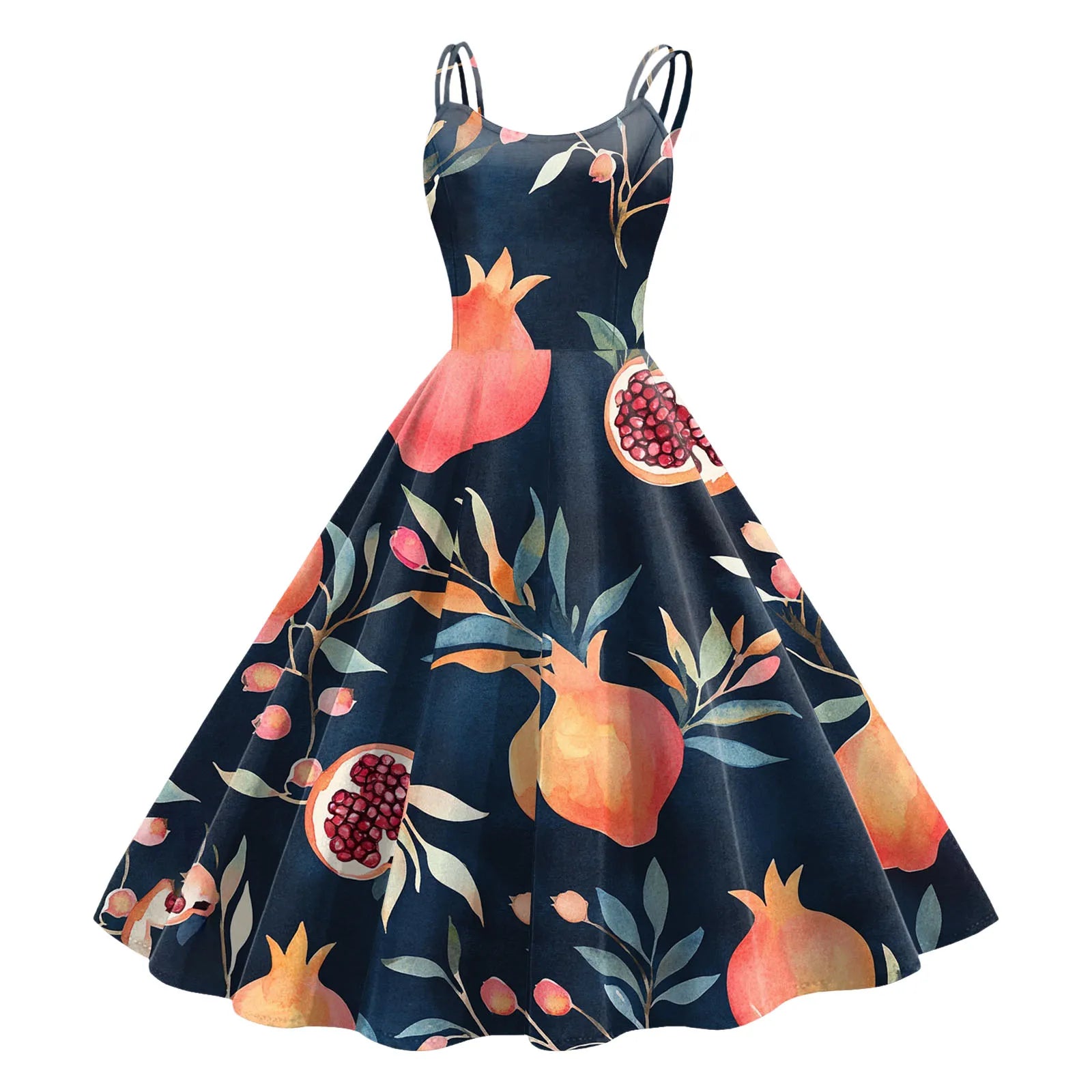 Sleeveless Fruit Print Fit and Flare Dress