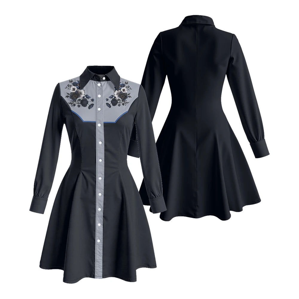 Long Sleeve Western-Inspired Shirt Dress with Embroidered Yoke