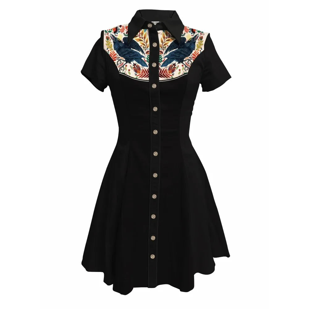 Short Sleeve Button-Front Shirt Dress with Bird Yoke Graphic
