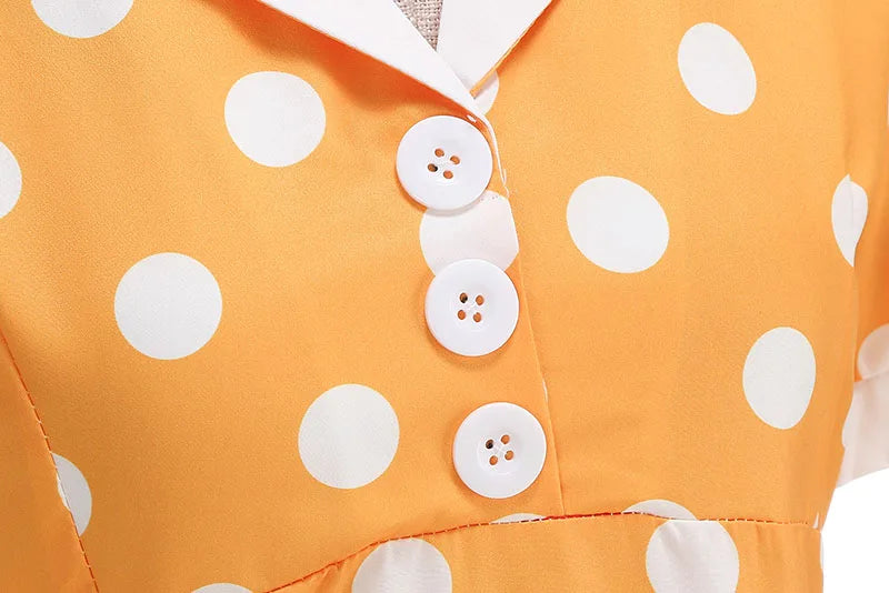 Vintage Polka Dot Pleated Summer Dress Women 1950s 60s Notched Collar Short Sleeve Belted Elegant Retro Clothing