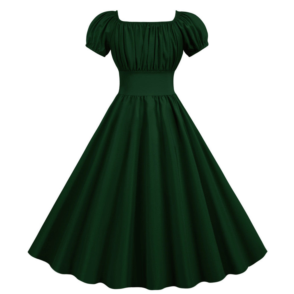Puff Sleeve Square Neck Fit and Flare Midi Dress