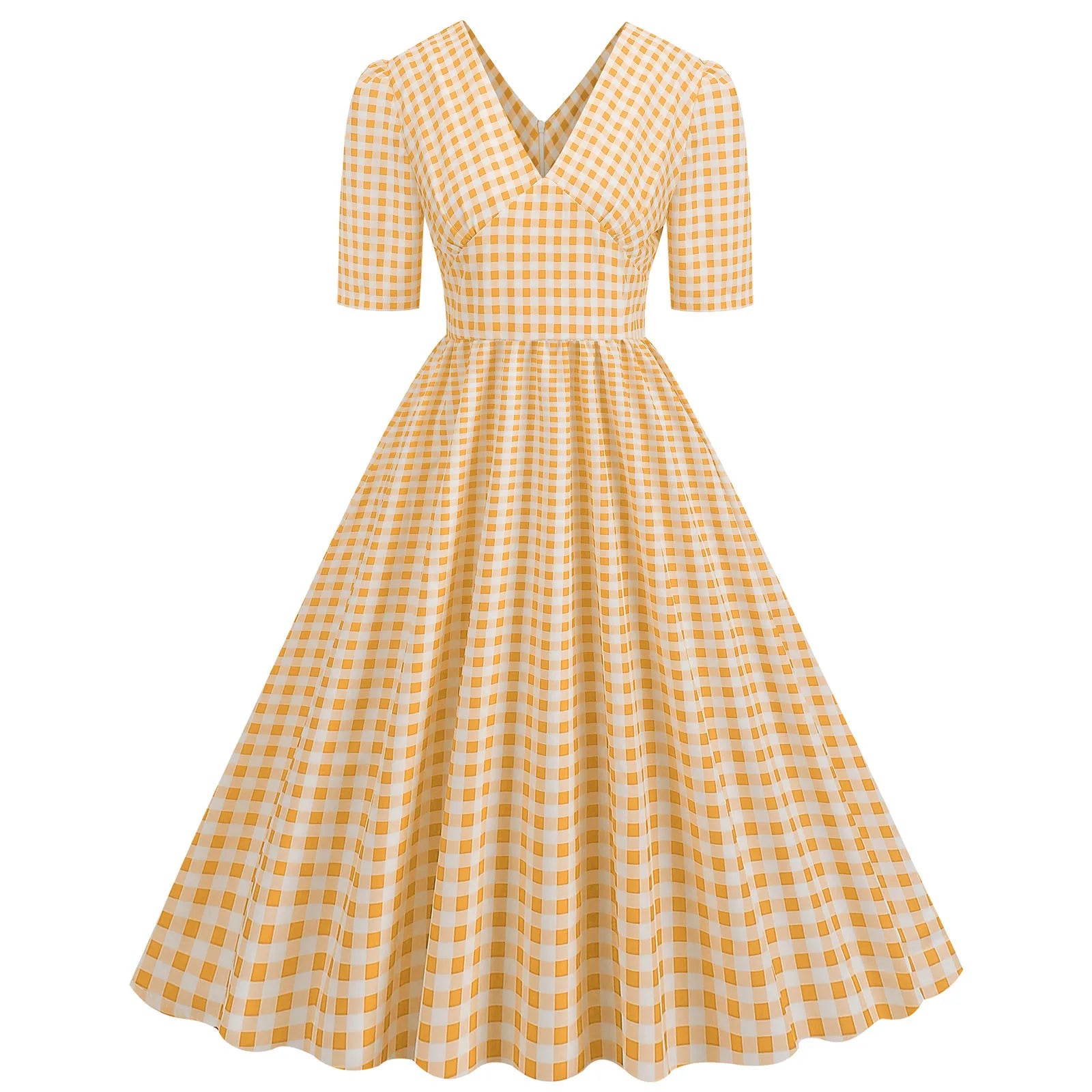Gingham V-Neck Midi Dress with Fitted Bodice