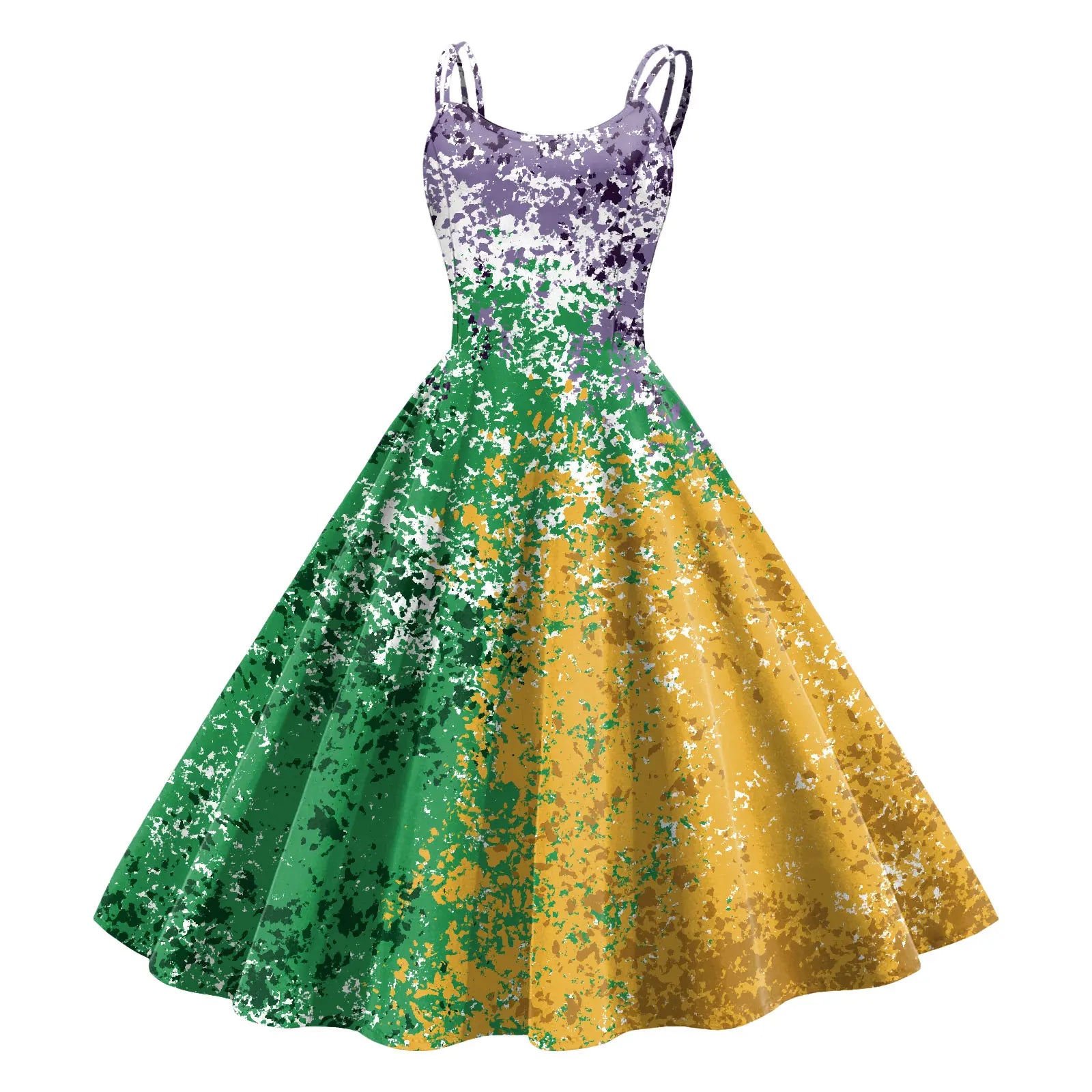 Sleeveless Mardi Gras Print Fit and Flare Dress