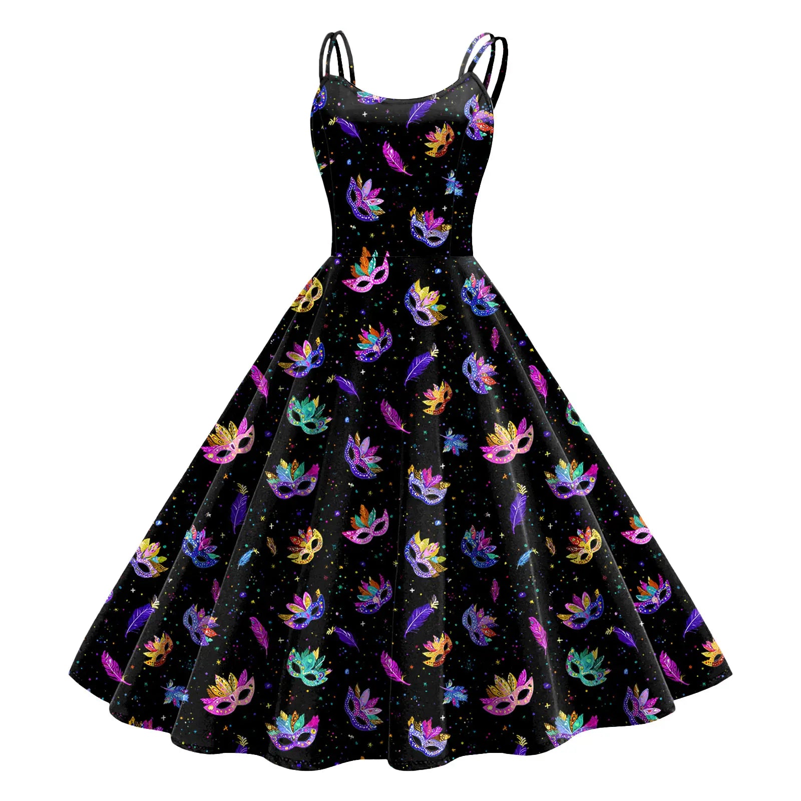 Carnival Mask Print Strappy Midi Dress