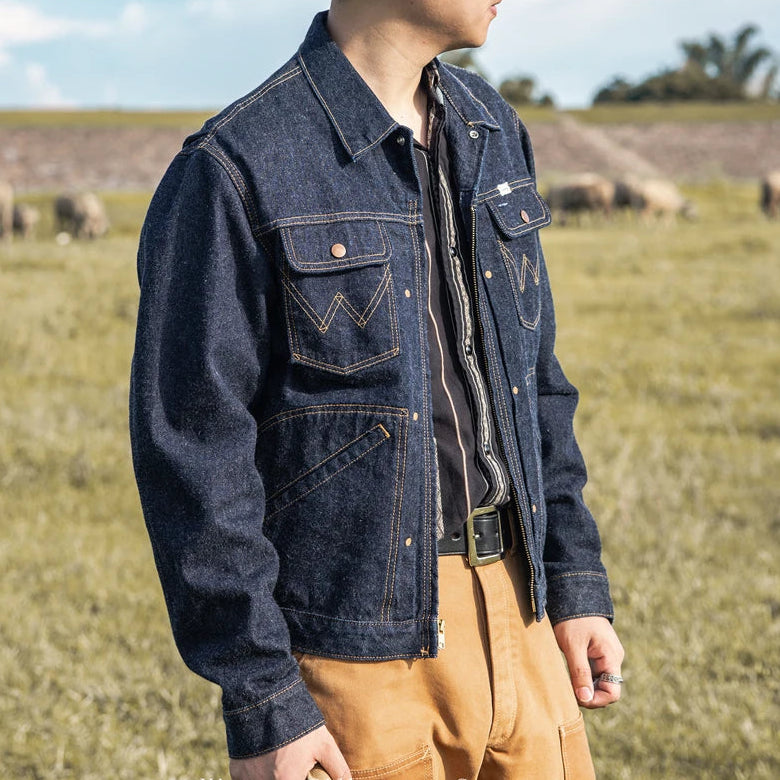 Denim Workwear Jacket with Zip Front and Snap Pockets