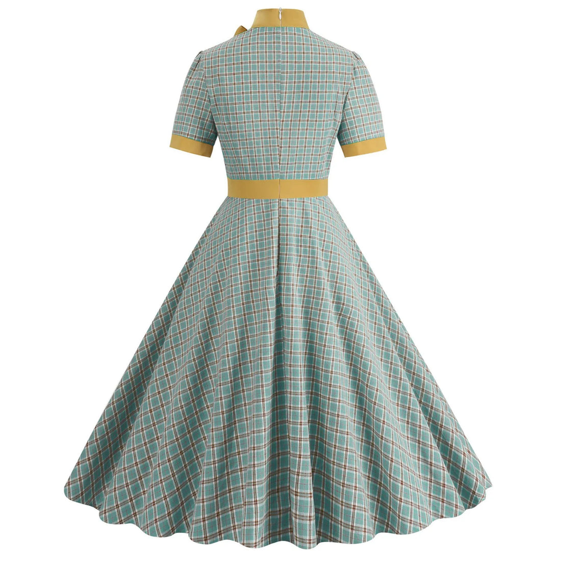 Plaid High Neck Midi Dress with Bow Detail