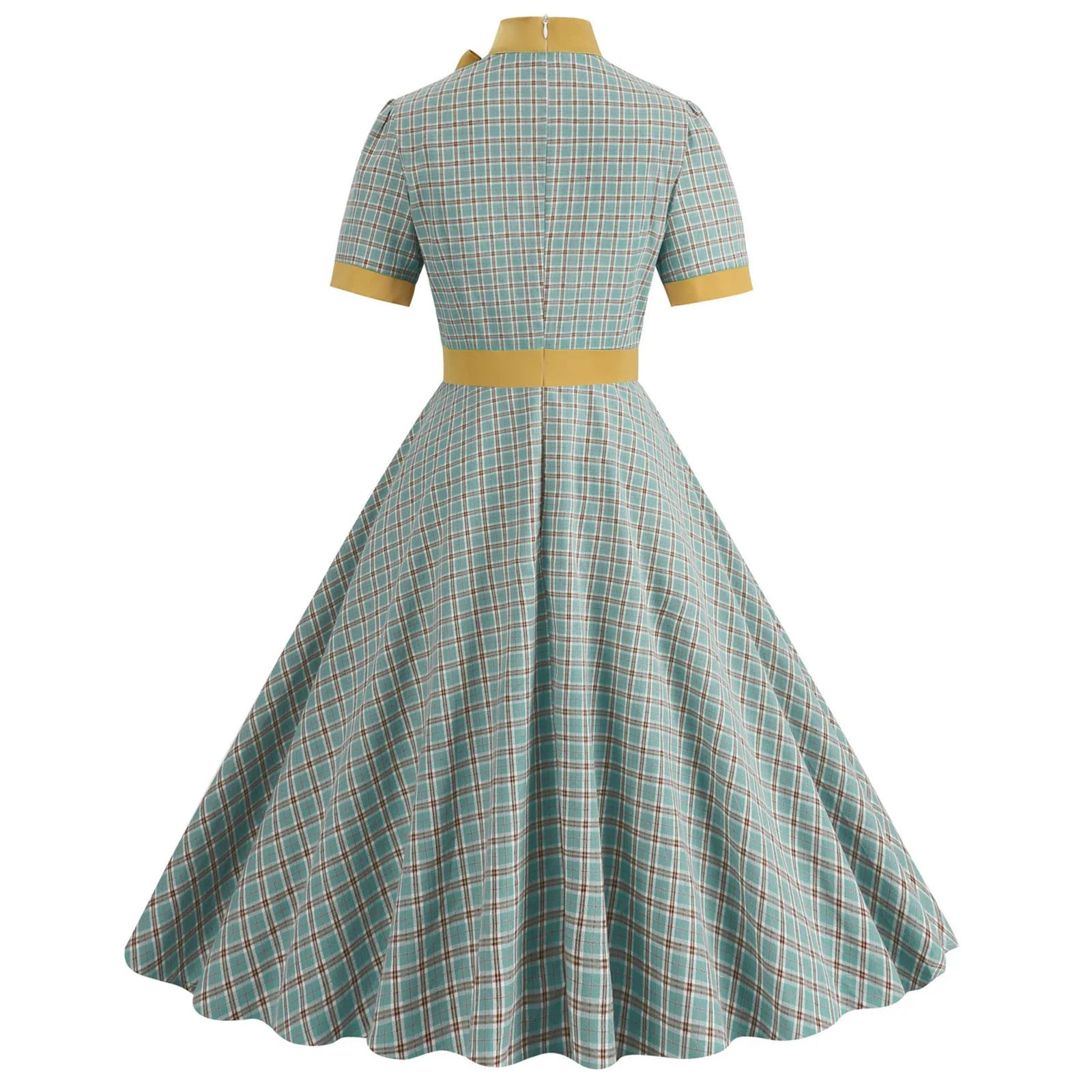 Plaid High Neck Midi Dress with Bow Detail