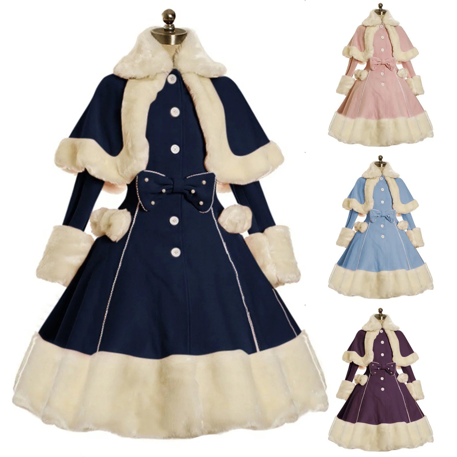 Faux Fur Trim Button Front Coat Dress with Bow Detail