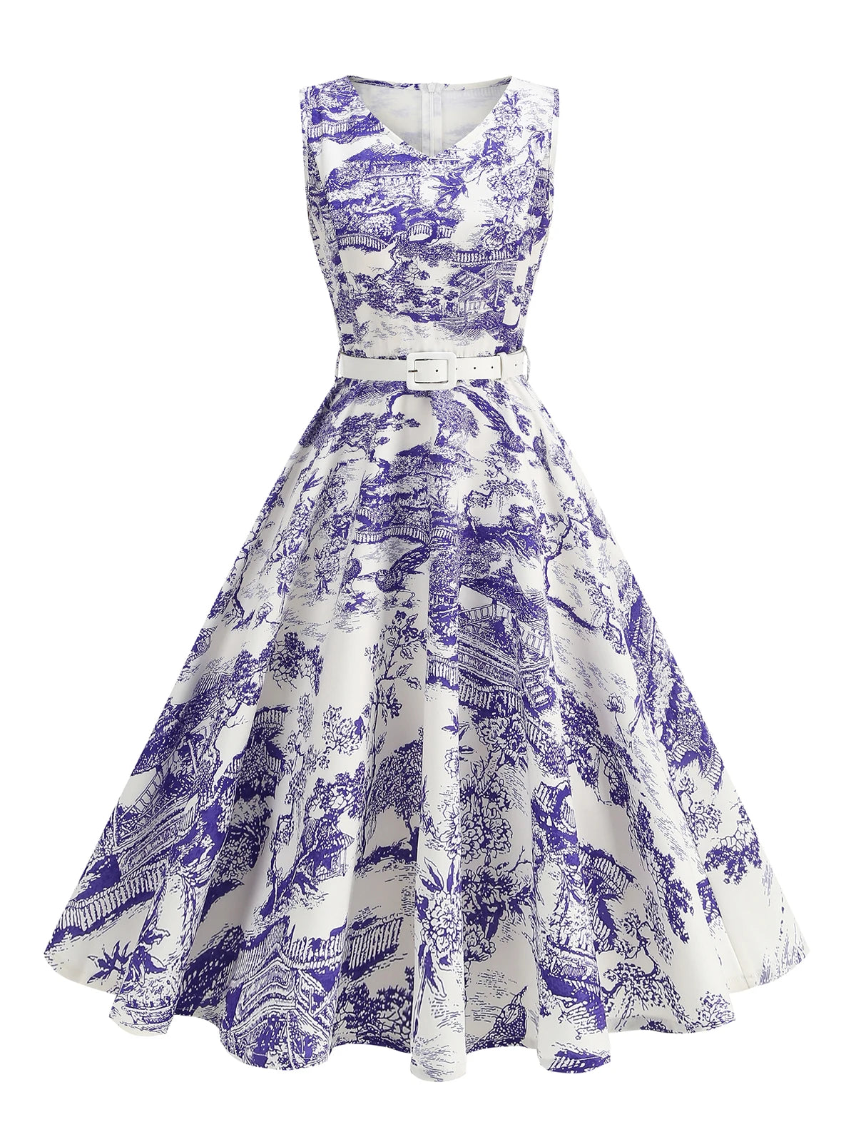 Scenic Print Belted Fit & Flare Dress