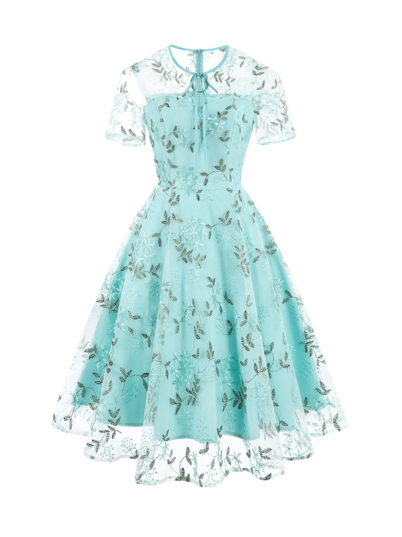 Embroidered Sheer Overlay Midi Dress with Tie Neck