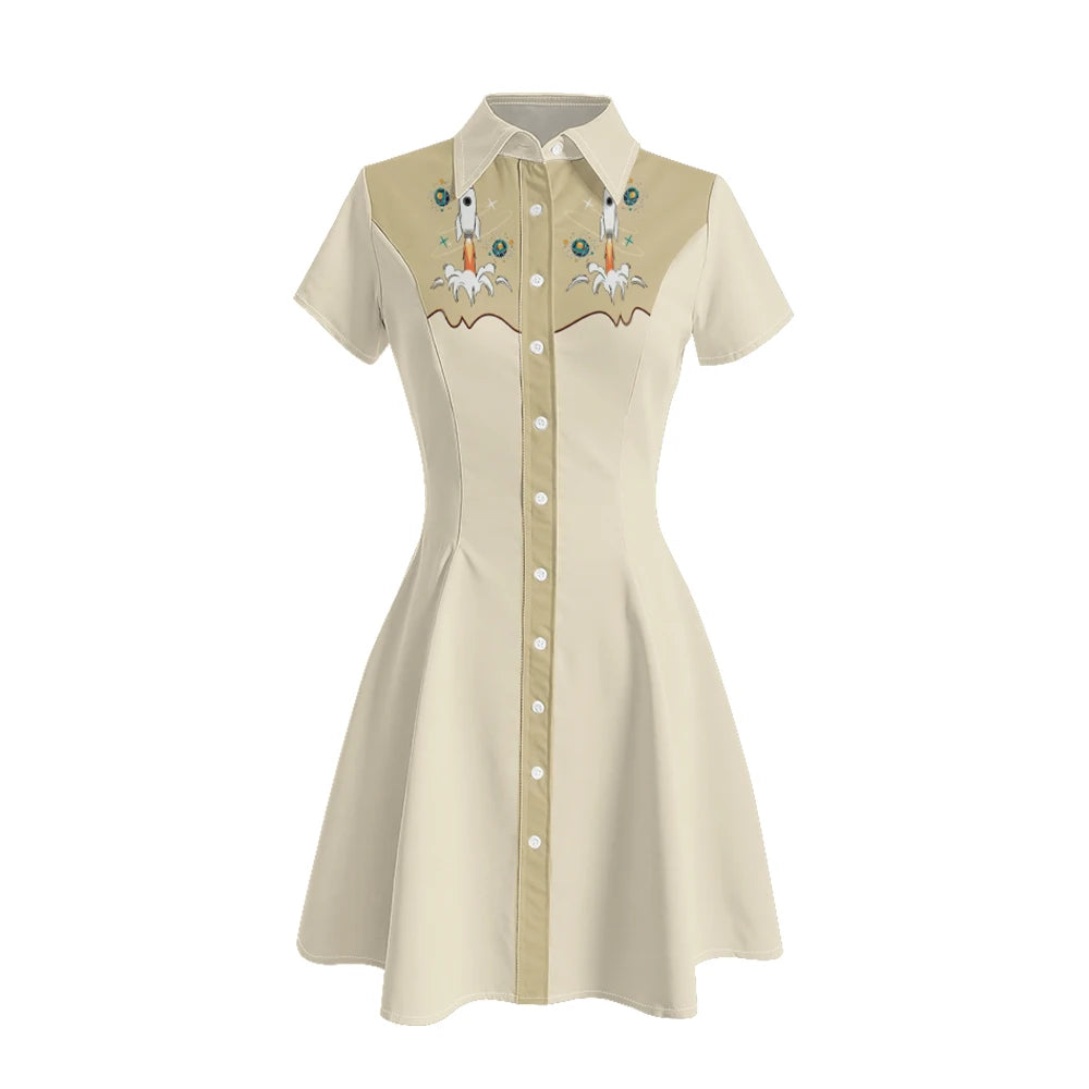 Short Sleeve Western-Style Button-Front Shirt Dress with Planet Yoke Print