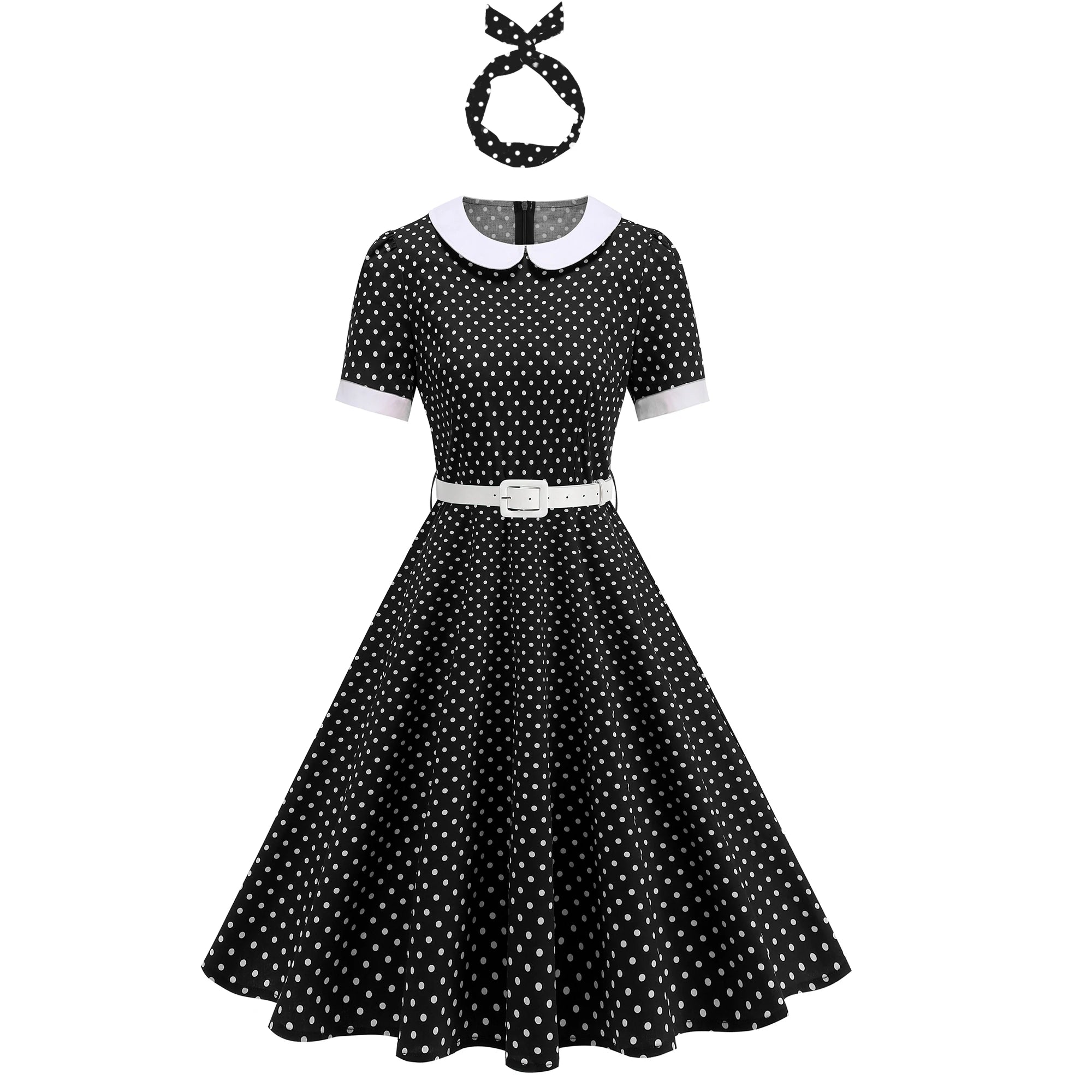 Polka Dot Collar Fit & Flare Dress with Headband