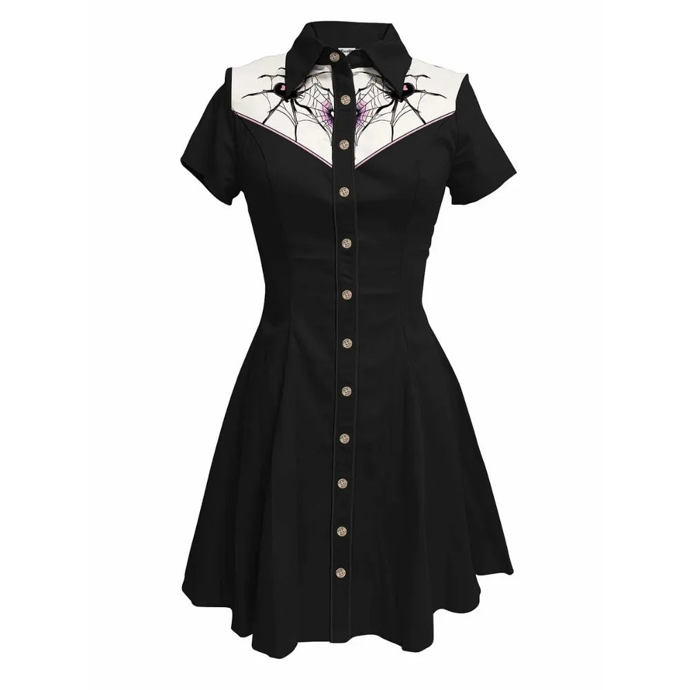 Short Sleeve Button-Front Shirt Dress with Spiderweb Yoke Graphic
