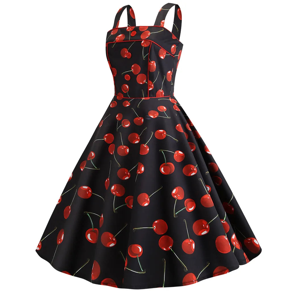 Square Neck Cherry Print Fit and Flare Dress