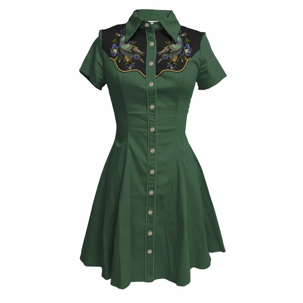 Short Sleeve Button-Front Shirt Dress with Bird Yoke Graphic