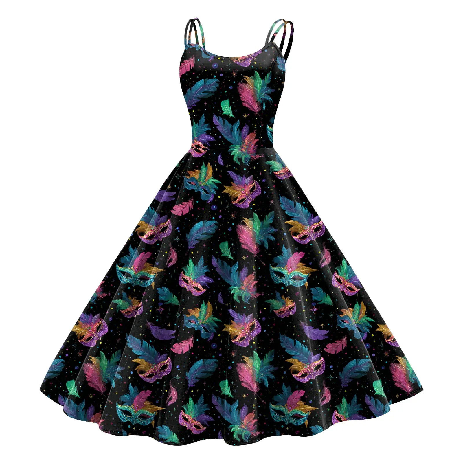 Carnival Mask Print Strappy Midi Dress